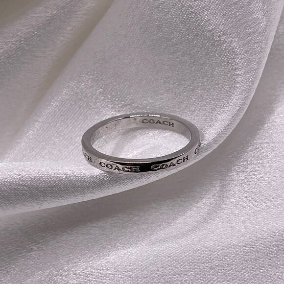 COACH Signature Silver Minimal Pave Engraved Logo Band Ring - Picture 9 of 11